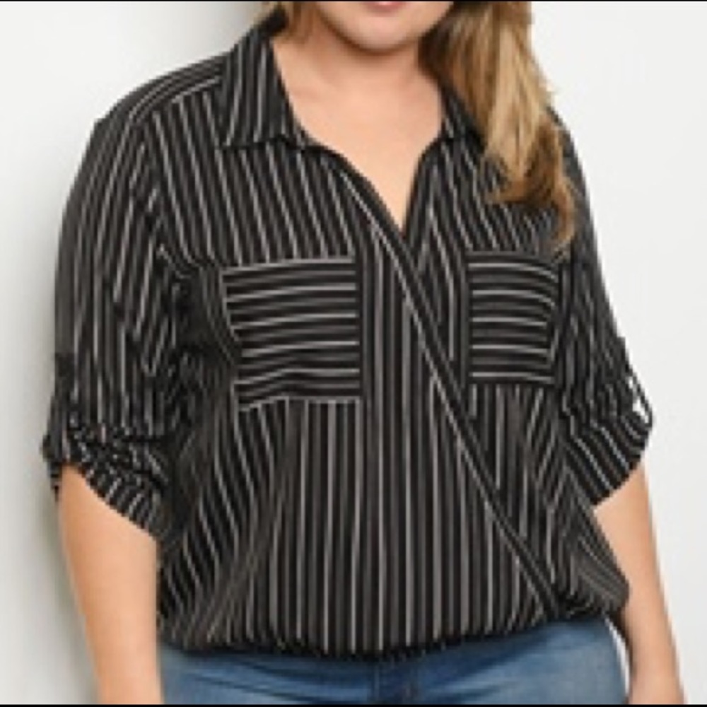 Striped Wrap-Look Adjustable Sleeve Blouson Top